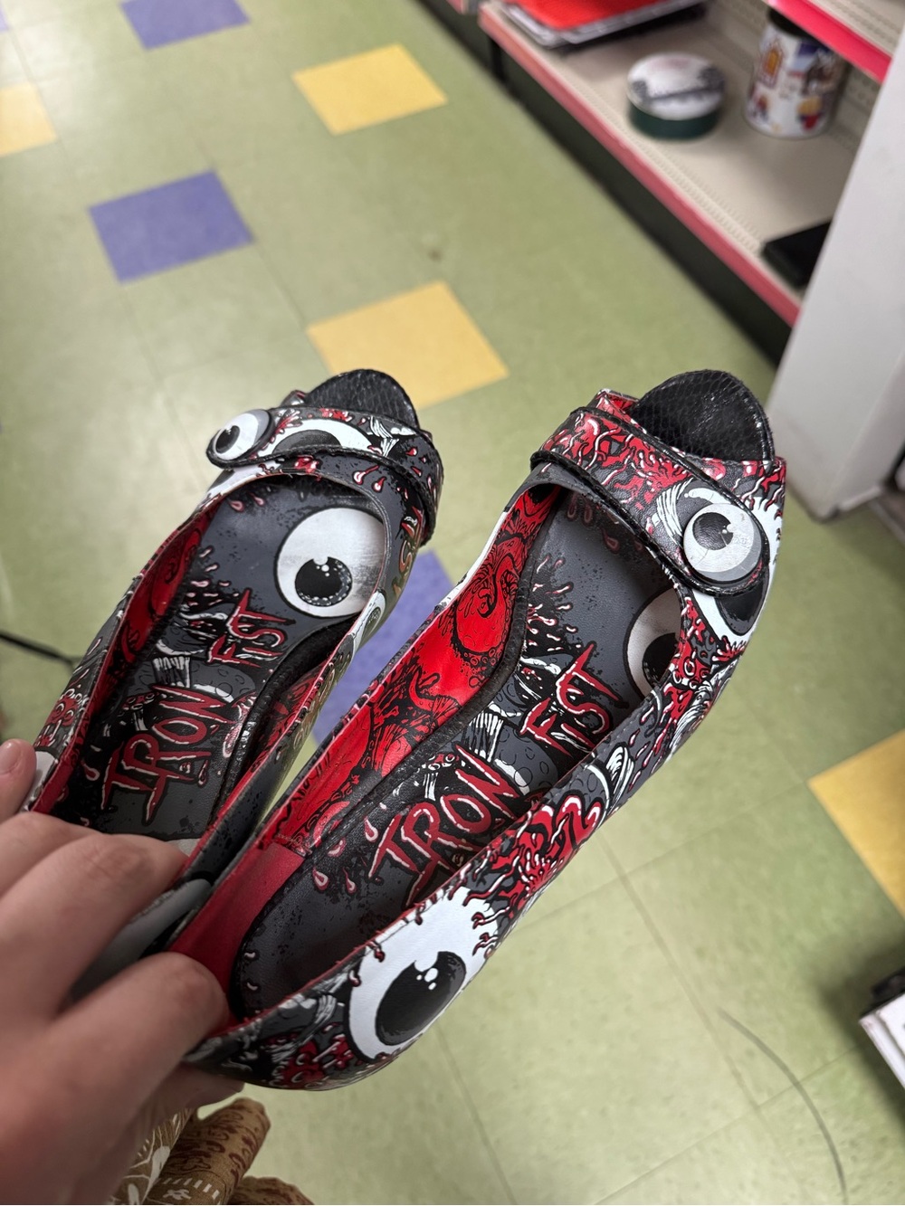 Iron Fist Black & Red Graphic Peep-Toe Heels with Eyeball Motif - Picture 2 of 3